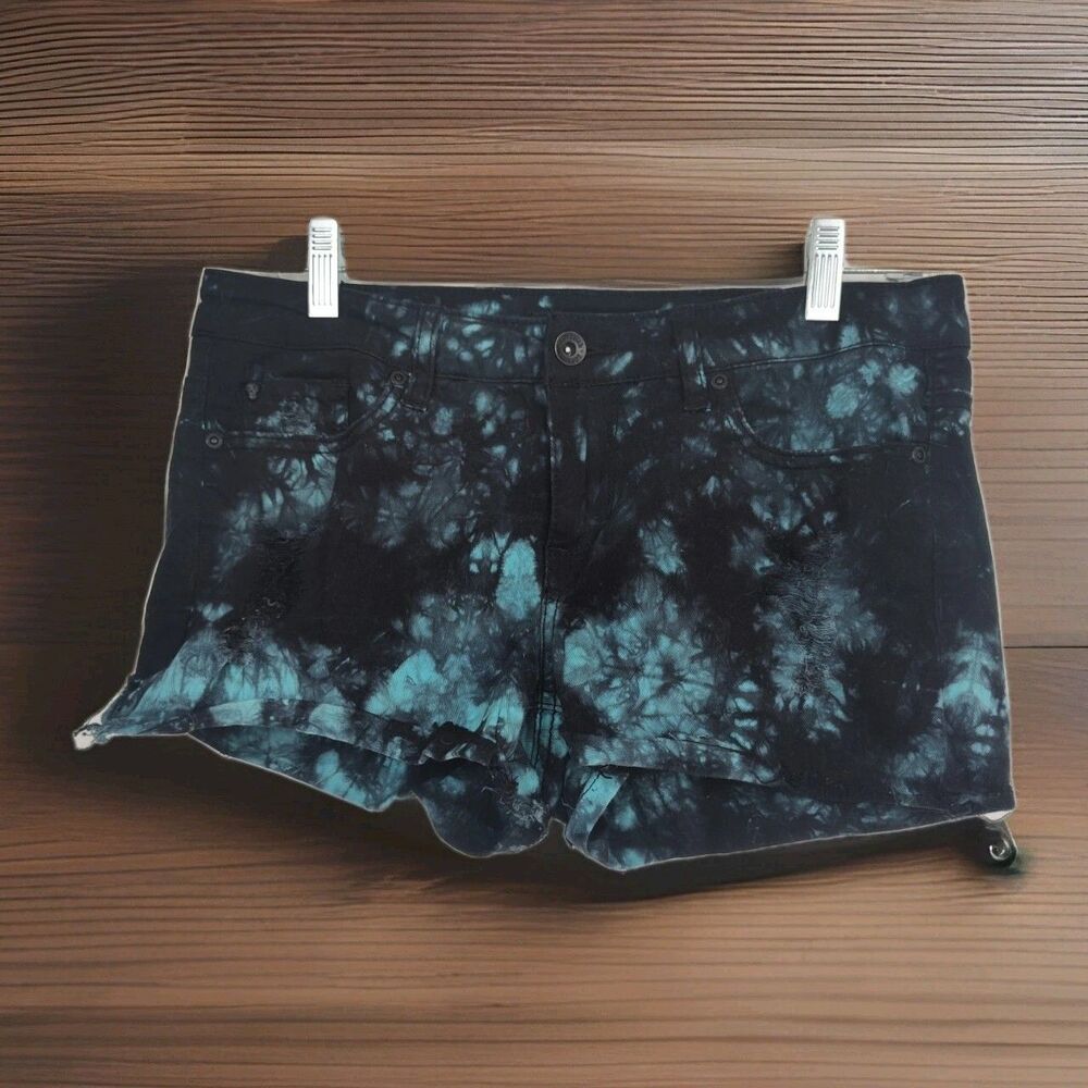 LoveSick women's cutoff shorts, size 5, black and teal acid‎ wash, distressed